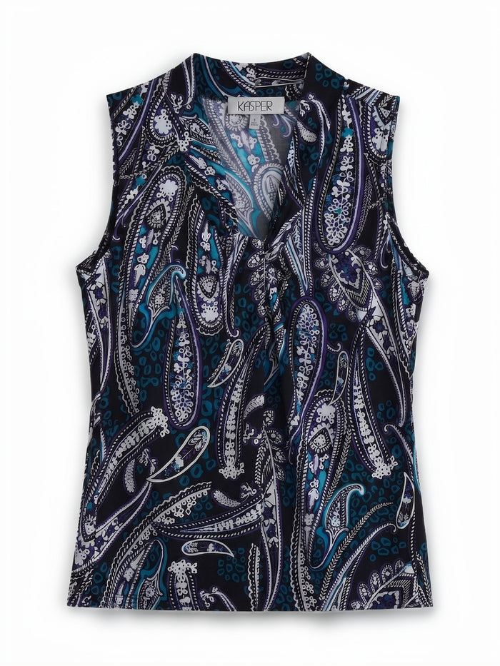 Knot Front Sleeveless Top, Everyday Knit, Black Paisley Multi | Kasper