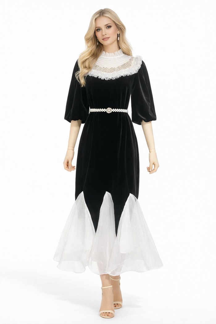 lace collar velvet midi dress with tulle hem – PEARL