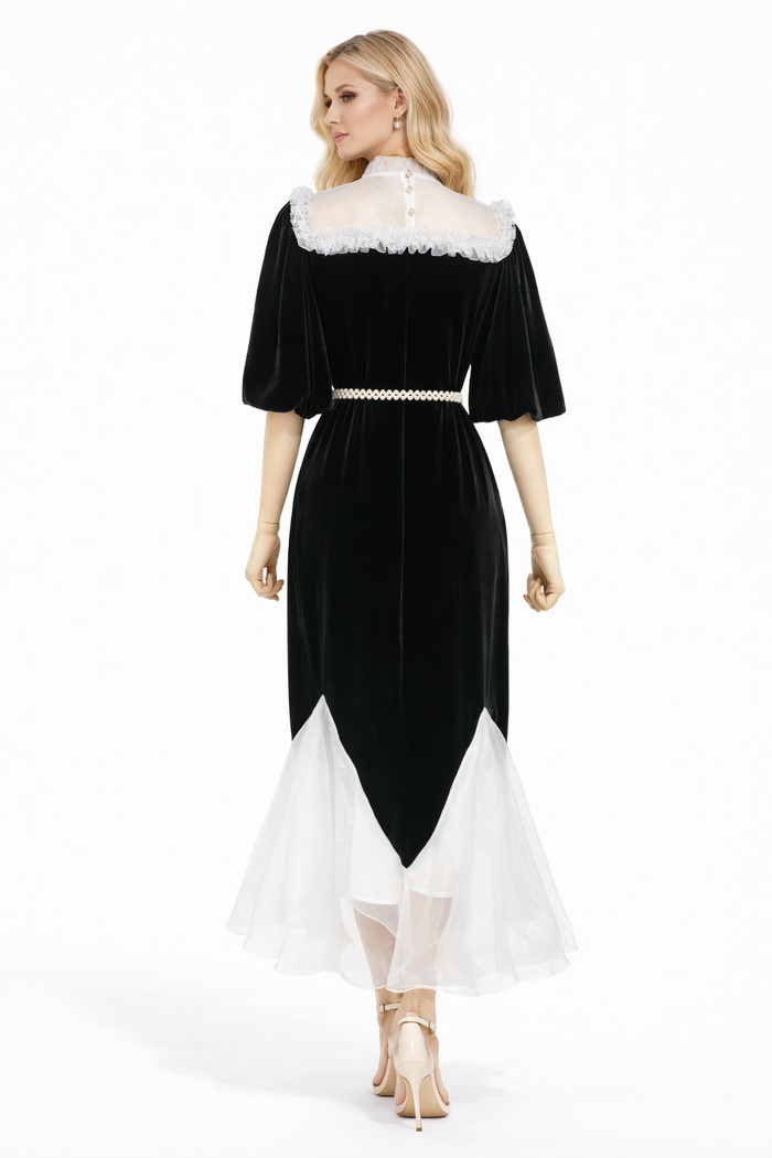 lace collar velvet midi dress with tulle hem – PEARL