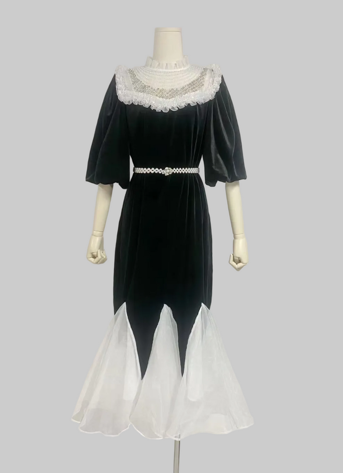 lace collar velvet midi dress with tulle hem – PEARL