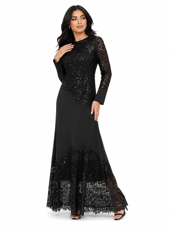 lace-panel long-sleeve evening maxi dress – ALLURE
