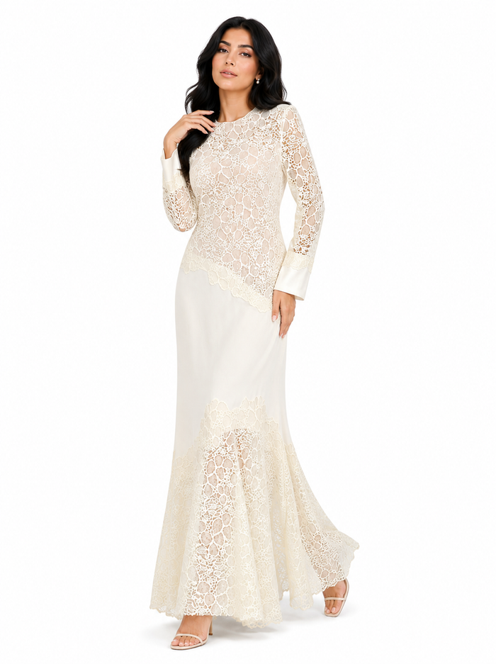 lace-panel long-sleeve evening maxi dress – ALLURE