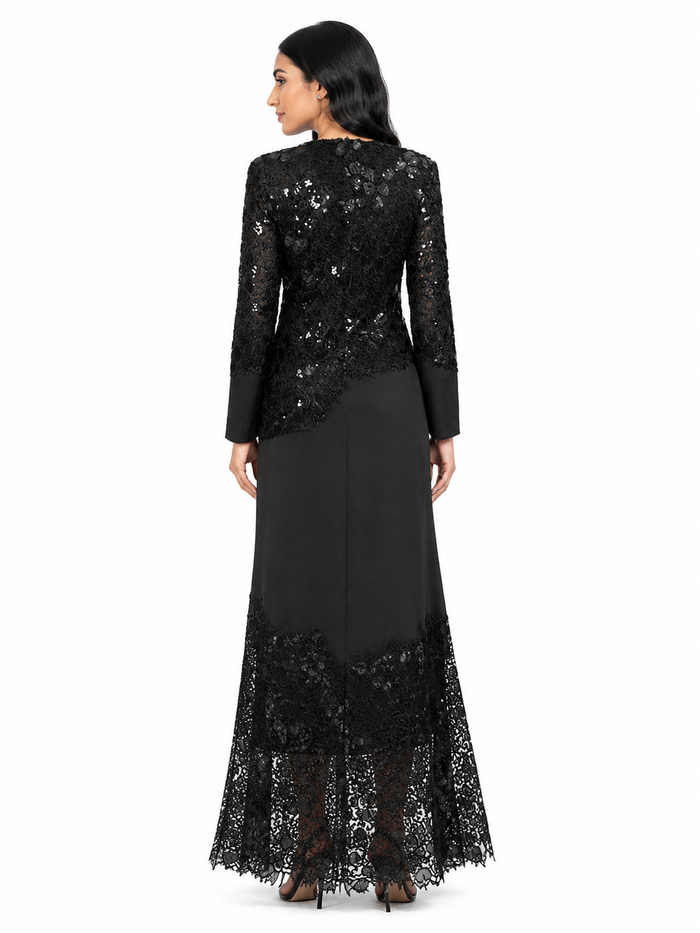 lace-panel long-sleeve evening maxi dress – ALLURE