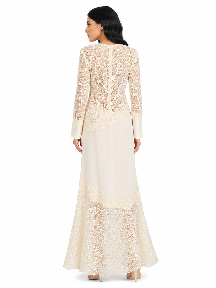 lace-panel long-sleeve evening maxi dress – ALLURE