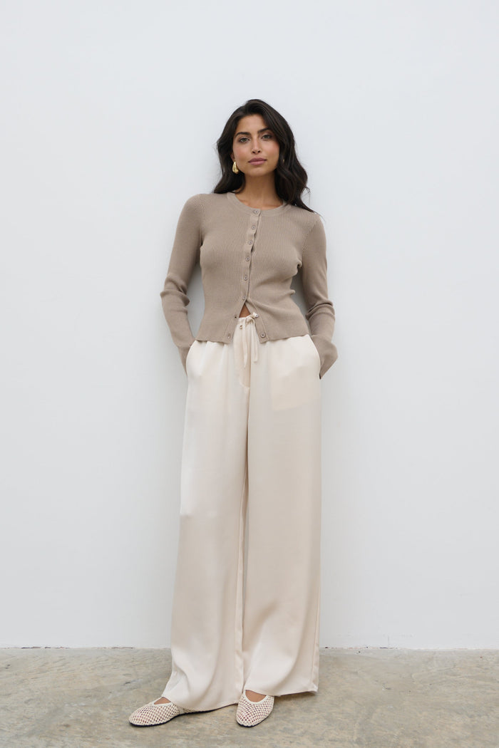 Lygia Is 5'9" & Wears Size UK S|Lacey Button Down Top - Taupe