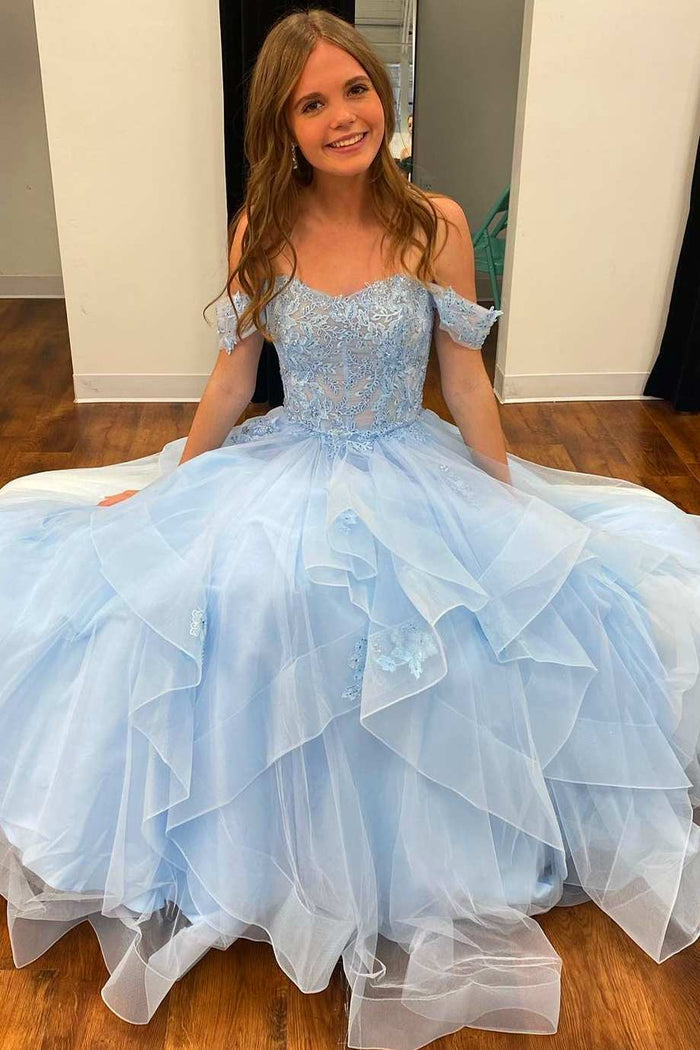 Light Blue Tulle Off-the-Shoulder Tiered A-Line Prom Dress