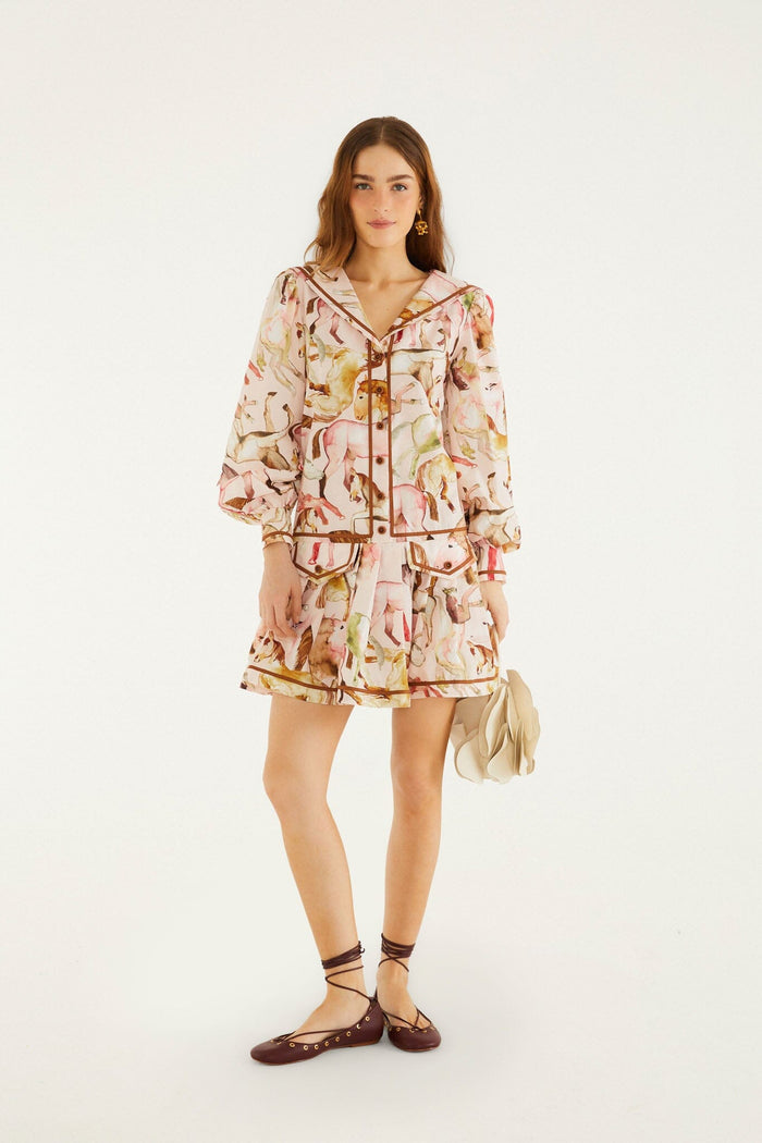 FARM Rio model wearing the Light Pink Equestrian Overlap Buttoned Mini Dress