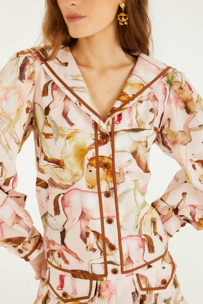 FARM Rio model wearing the Light Pink Equestrian Overlap Buttoned Mini Dress