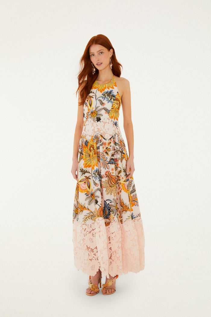 FARM Rio model wearing the Light Pink Ligia Floral Lace Lenzing Ecovero Euroflax Maxi Dress