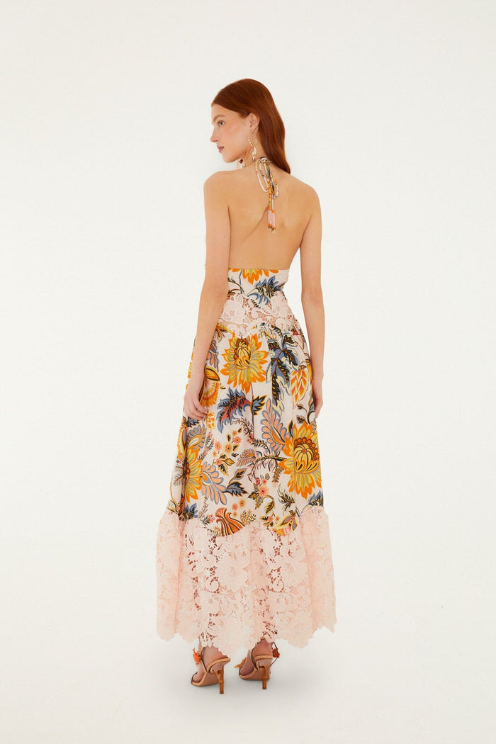 FARM Rio model wearing the Light Pink Ligia Floral Lace Lenzing Ecovero Euroflax Maxi Dress