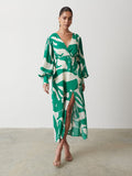 Elissa Is 5'8.5" & Wears Size UK 8|Lilianna Backless Balloon Sleeve Printed Dress - Green Abstract