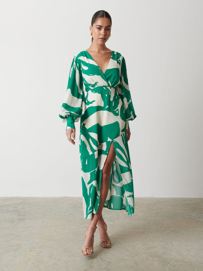 Elissa Is 5'8.5" & Wears Size UK 8|Lilianna Backless Balloon Sleeve Printed Dress - Green Abstract