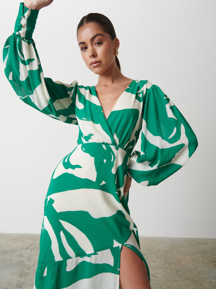 Elissa Is 5'8.5" & Wears Size UK 8|Lilianna Backless Balloon Sleeve Printed Dress - Green Abstract