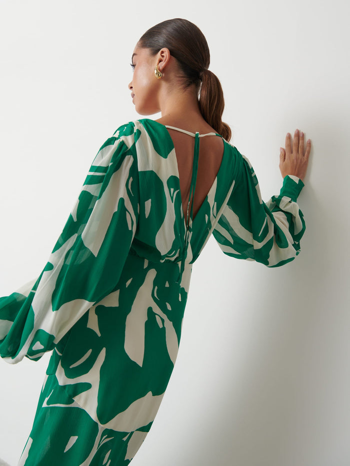 Elissa Is 5'8.5" & Wears Size UK 8|Lilianna Backless Balloon Sleeve Printed Dress - Green Abstract