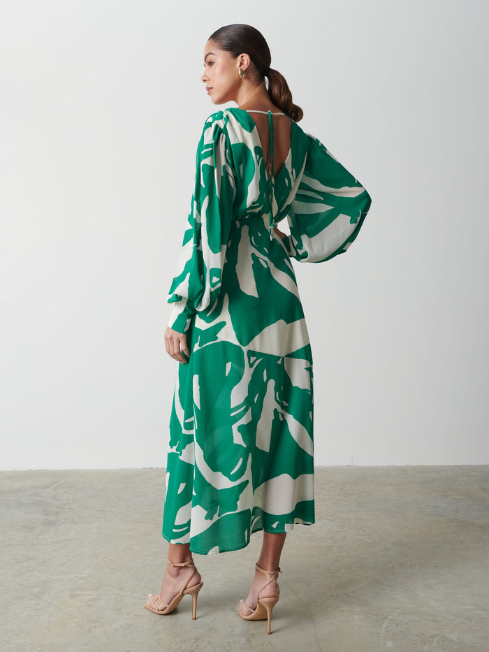 Elissa Is 5'8.5" & Wears Size UK 8|Lilianna Backless Balloon Sleeve Printed Dress - Green Abstract