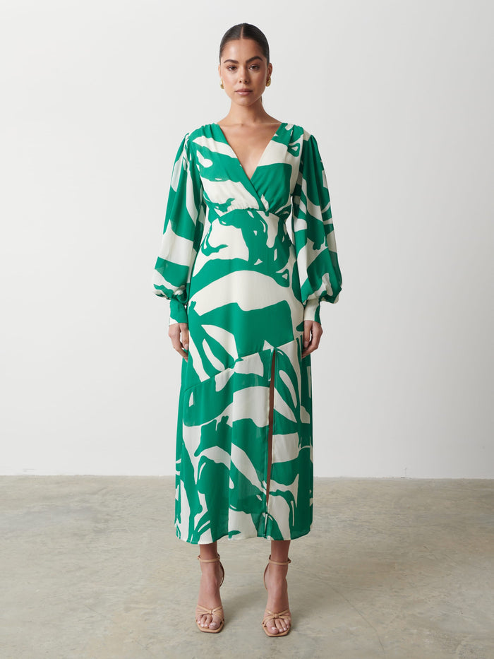 Elissa Is 5'8.5" & Wears Size UK 8|Lilianna Backless Balloon Sleeve Printed Dress - Green Abstract
