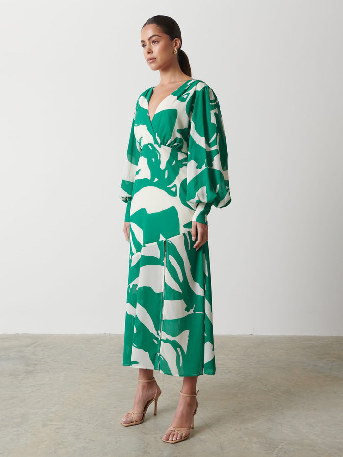 Elissa Is 5'8.5" & Wears Size UK 8|Lilianna Backless Balloon Sleeve Printed Dress - Green Abstract