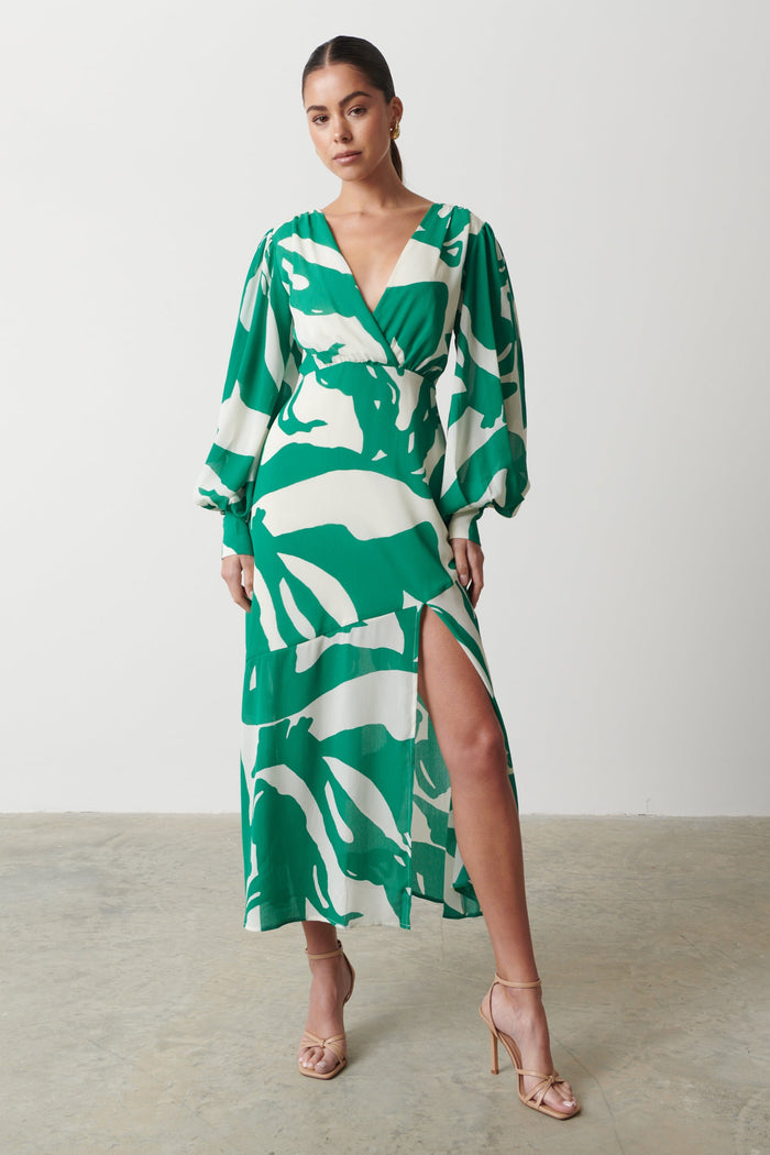 Elissa Is 5'8.5" & Wears Size UK 8|Lilianna Backless Balloon Sleeve Printed Dress - Green Abstract