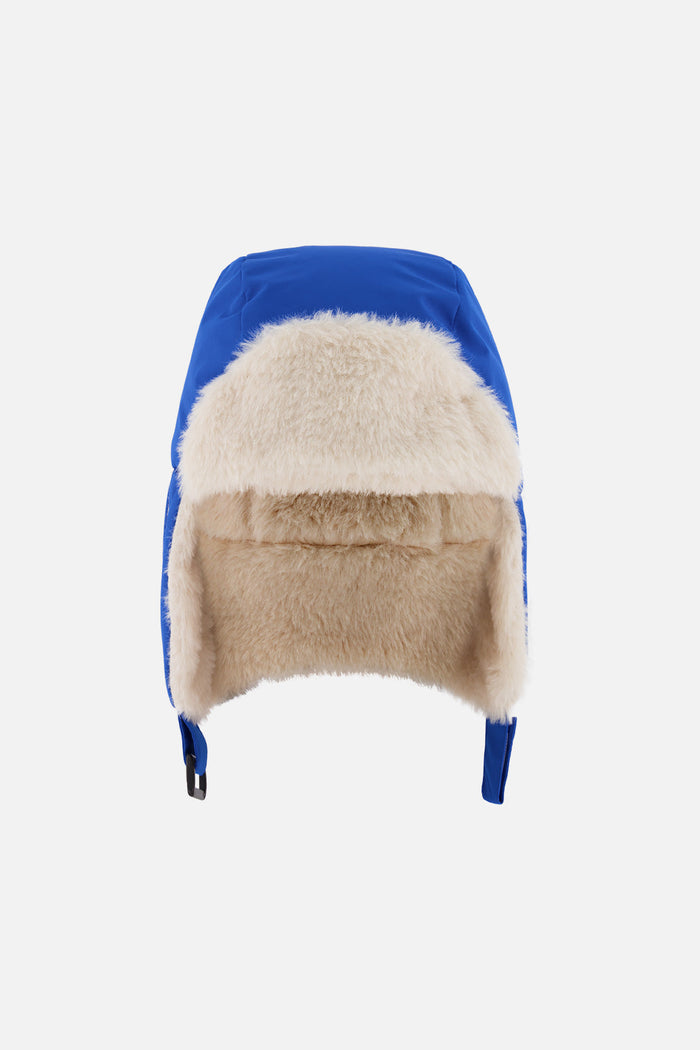 Deux par Deux boys lined chapka trapper hat in blue, front view