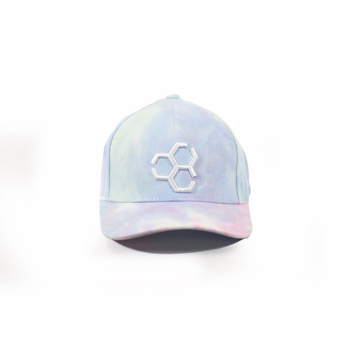 Blue and pink tie-dye streetwear baseball cap featuring a white embroidered hexagonal logo on the front.
