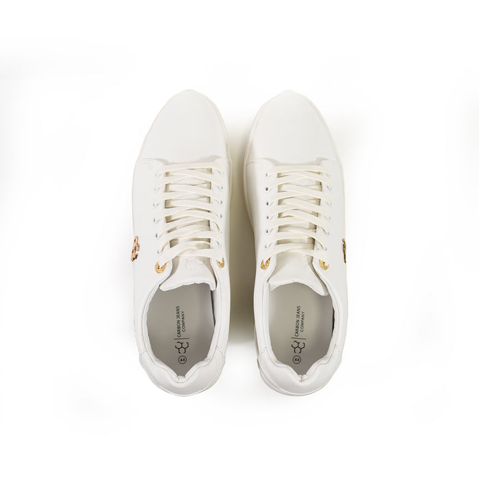 Top view of Carbon Urban Signature Logo Sneakers in white with gold hardware and lace-up streetwear design.