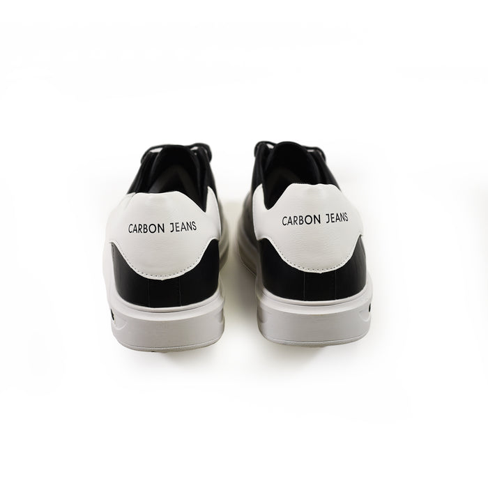 Rear view of Carbon Jeans Urban Signature Logo Sneakers in black leather with white branded heel tabs and chunky soles.