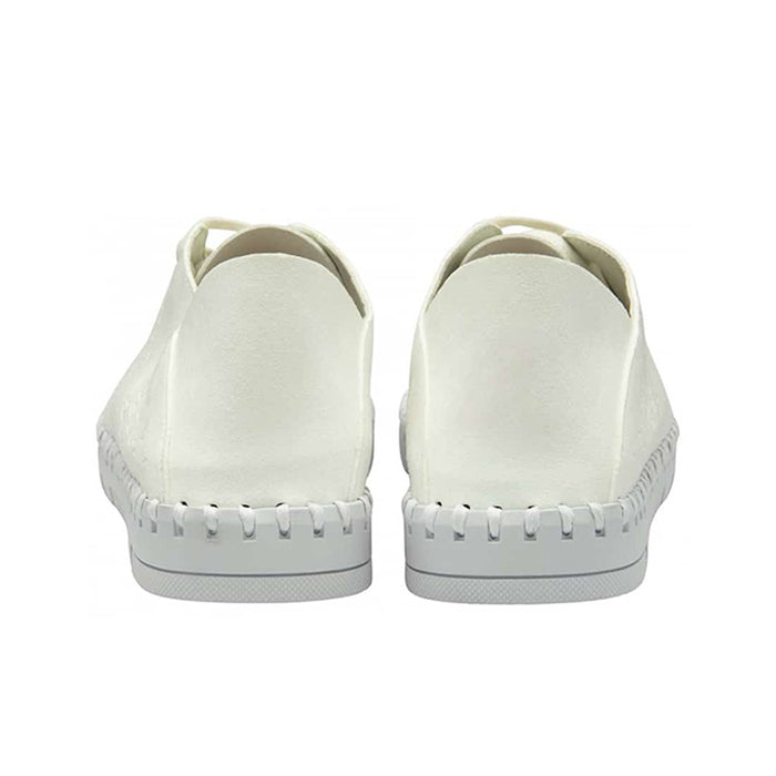 White lace-up sneakers with floral cutout texture, heel and back view