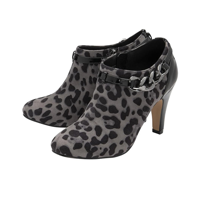 Leopard-print ankle court shoe with black buckle strap and block heel.