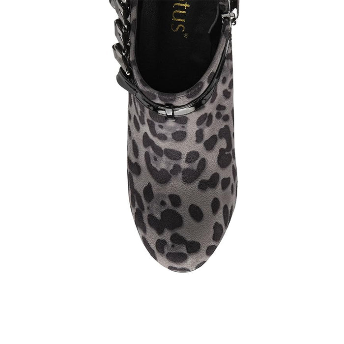 Leopard-print pump upper with black patent trim and ankle closure.