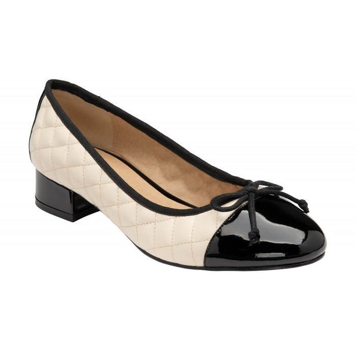 Women’s pumps with cream quilted upper, black patent toe, bow ties, block heel