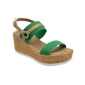 Womens wedge sandals with green straps, tan lining, and buckle ankle strap