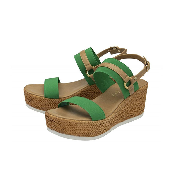 Womens wedge sandals with green crisscross straps and adjustable buckle