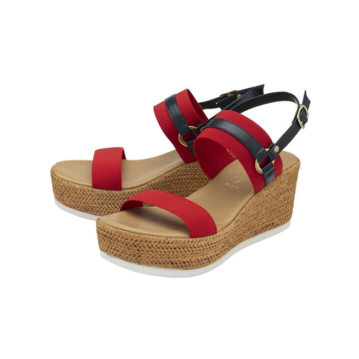 Womens wedge sandals with red and dark straps and adjustable buckle closure