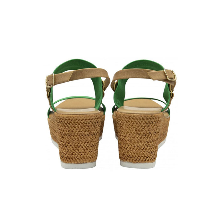 Womens wedge sandals back view with green straps and tan buckle details