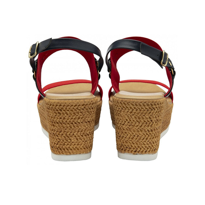 Womens wedge sandals back view with red straps and dark buckle details