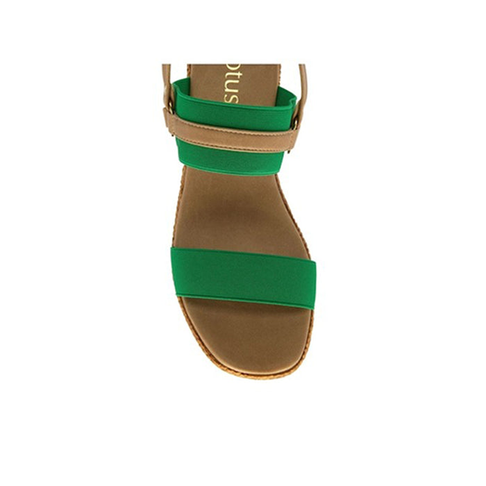 Womens wedge sandal with green ankle strap and single wide front strap