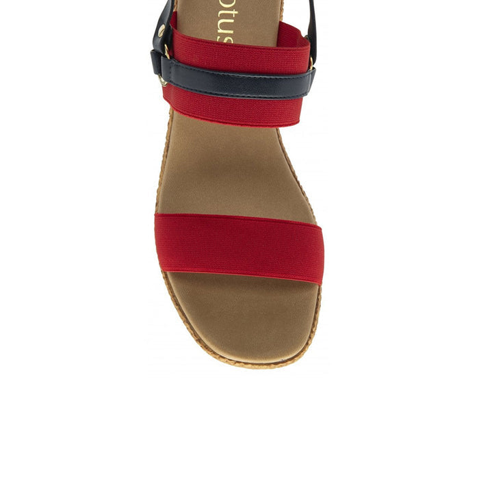 Womens wedge sandal with red front strap and ankle strap