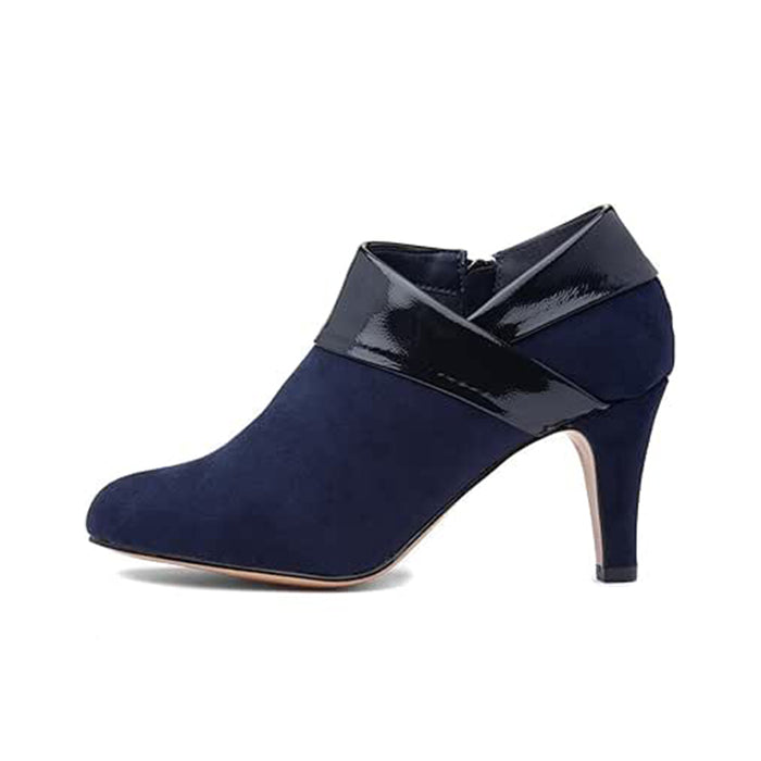Women's blue ankle boot with glossy strap and slim high heel