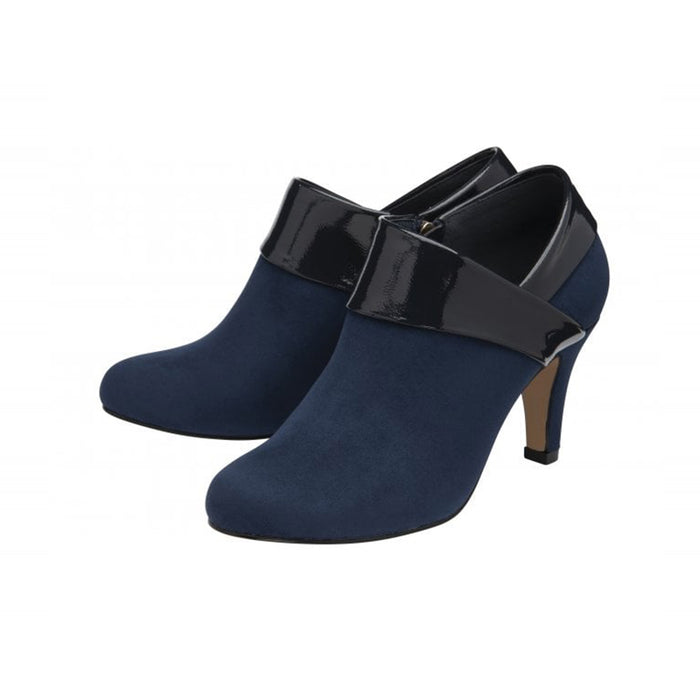 Women's blue leather ankle boots with glossy strap and block heel