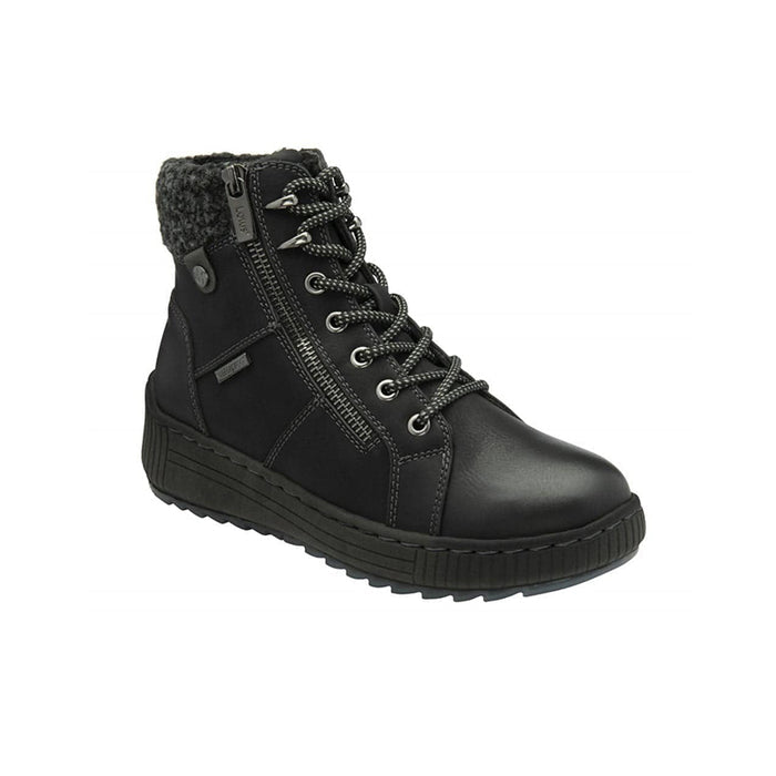 Black leather ankle boots with lace-up front, side zip, and rugged tread sole