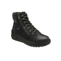 Black leather ankle boots with lace-up front, side zip, and rugged tread sole