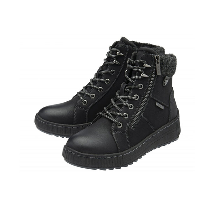 Black lace-up ankle boots with side zip, faux-fur collar, and chunky tread sole