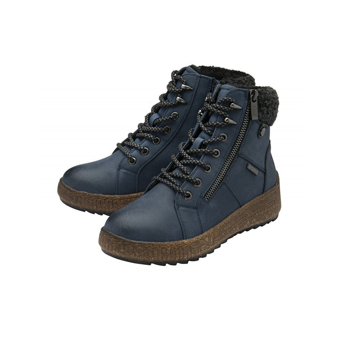 Blue lace-up ankle boots with side zip, faux-fur collar, and chunky tread sole