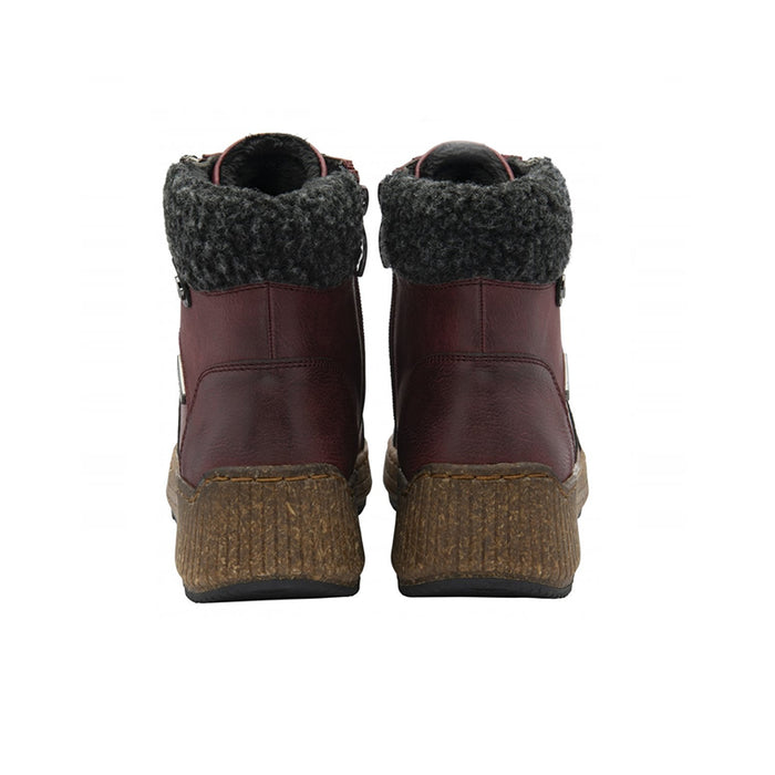 Burgundy ankle boots, back view, with faux-fur collar and textured outsole