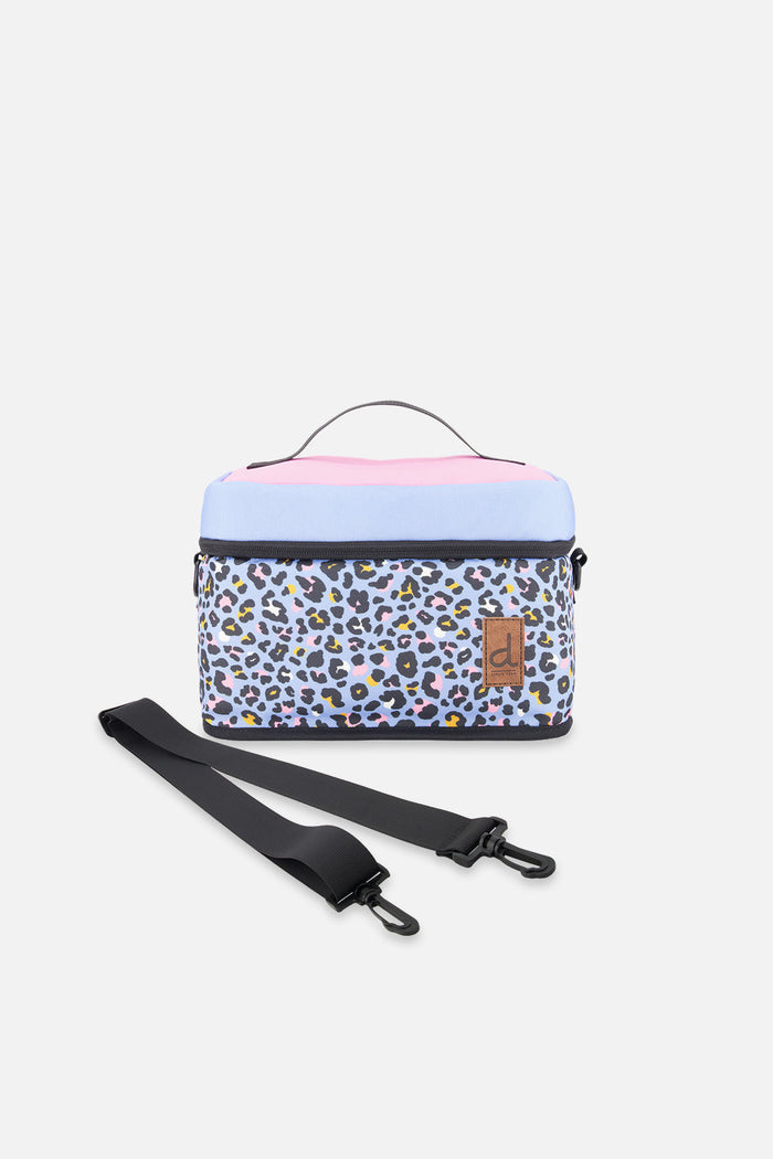 Deux par Deux insulated lunch box in blue leopard print, front view