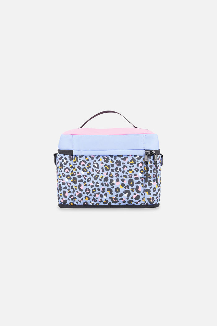 Deux par Deux insulated lunch box in blue leopard print, view 2