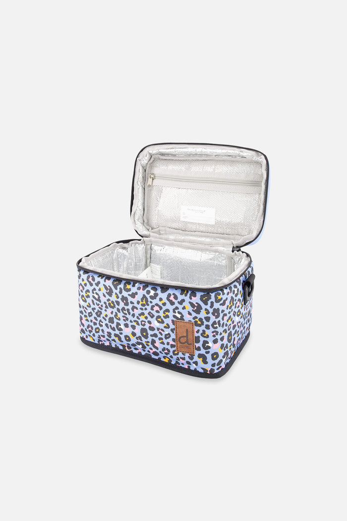 Deux par Deux insulated lunch box in blue leopard print, view 3