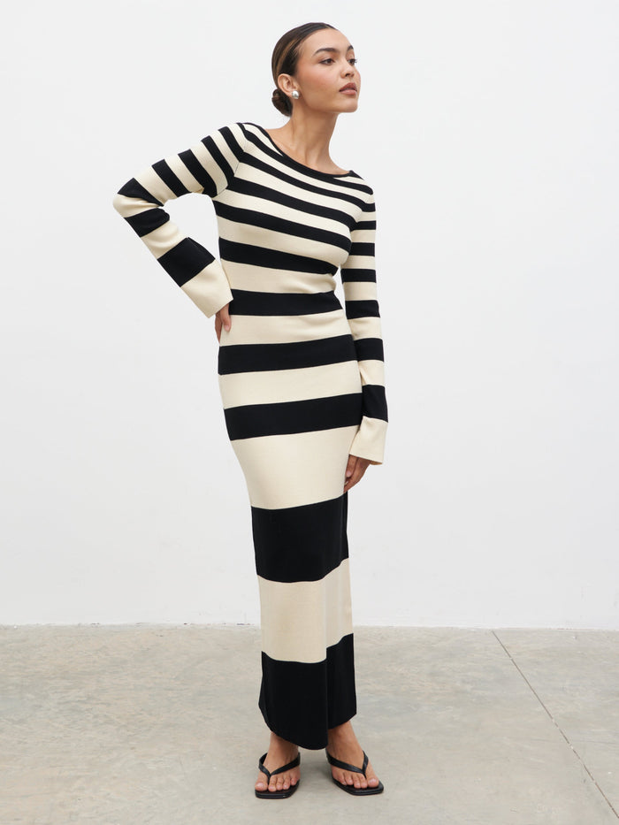 Mila Striped Knit Dress - Black and Beige Stripe