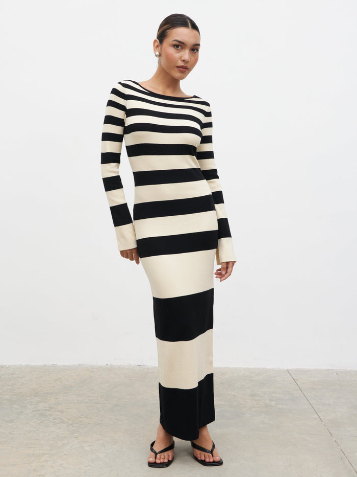 Mila Striped Knit Dress - Black and Beige Stripe