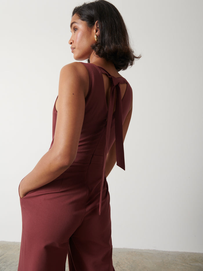 Robyn Is 5'9" & Wears Size UK 8|Miley Tie Back Jumpsuit - Wine
